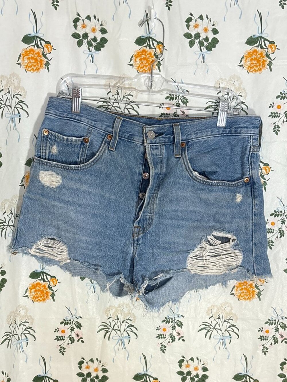 Levis 501 Size 30 Distressed Cut Off Button Fly Denim Jean Shorts